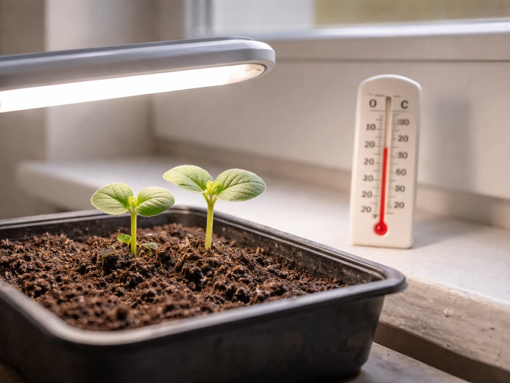 Kiwi seedlings under a grow light with a nearby thermometer suggesting steady warmth indoors.