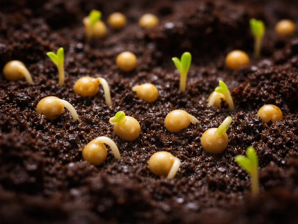 Mustard seeds pressed into damp soil with small green sprouts emerging, showing fast germination.