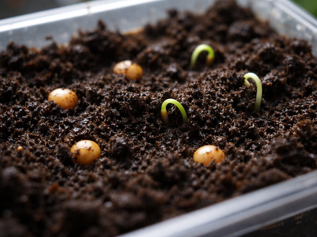 Mustard seeds in damp soil with tiny curved seedlings just emerging from the surface.