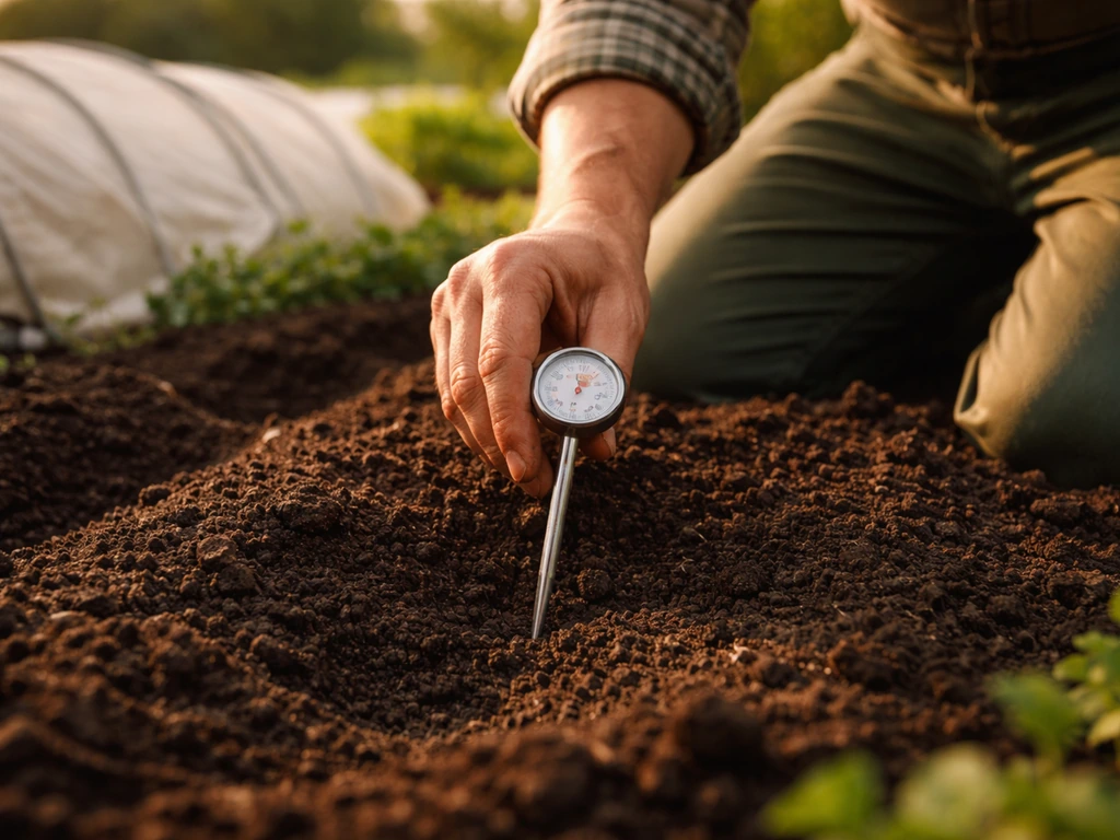 Gardener kneels in a garden bed checking soil temperature with a probe in warm sunlight.