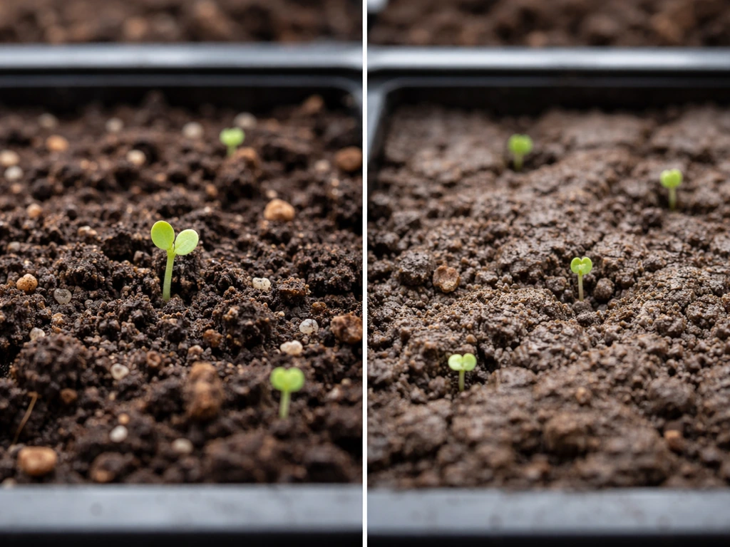 Macro close-up comparing loose soil with emerging mustard sprouts versus compacted clay with slower emergence.