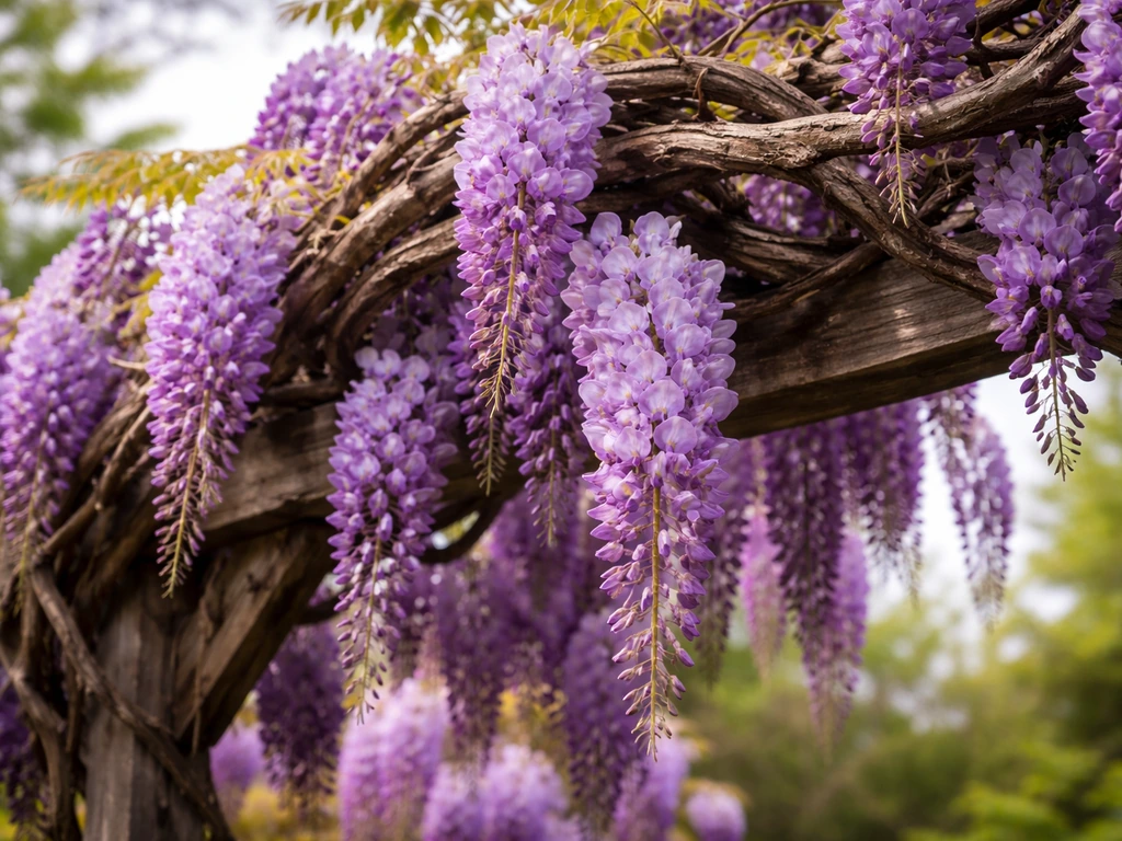 Mature wisteria vine with cascading purple blossoms in bloom, close view on a simple garden trellis