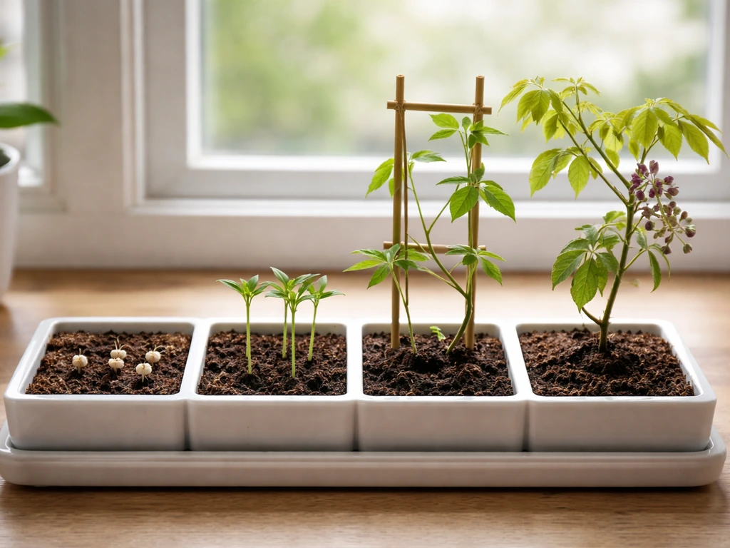 Minimal photo of a wisteria seed tray transitioning toward a young vine reaching for a trellis.