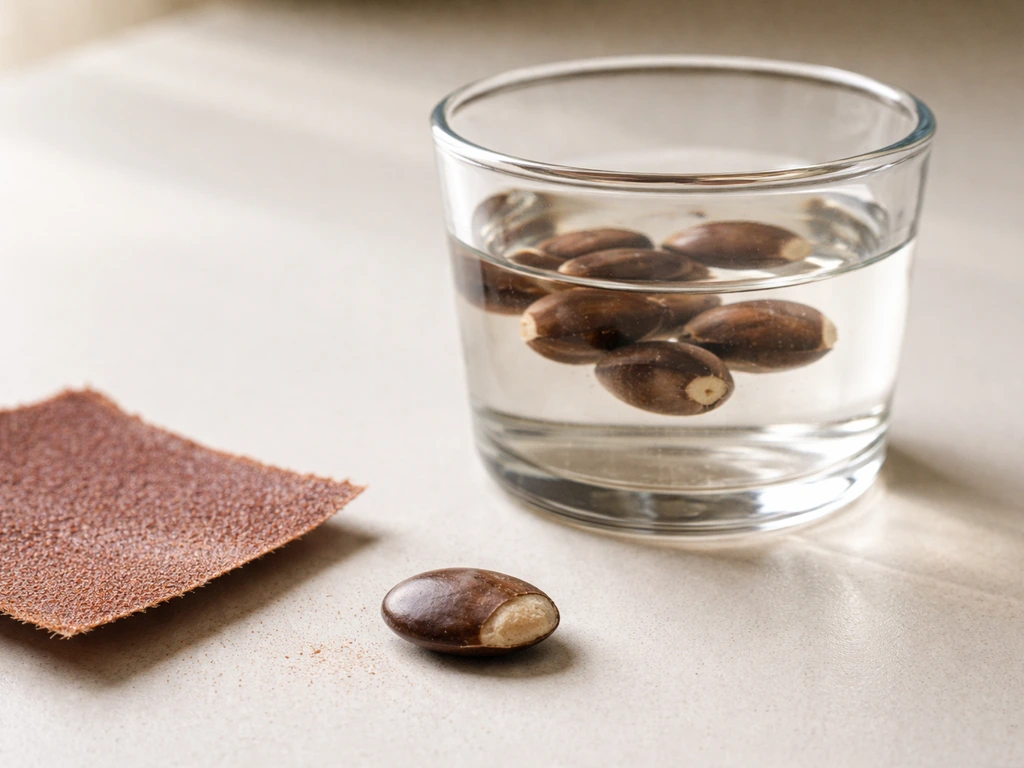 Close-up of a wisteria seed being lightly nicked, next to a small cup of warm water for soaking.
