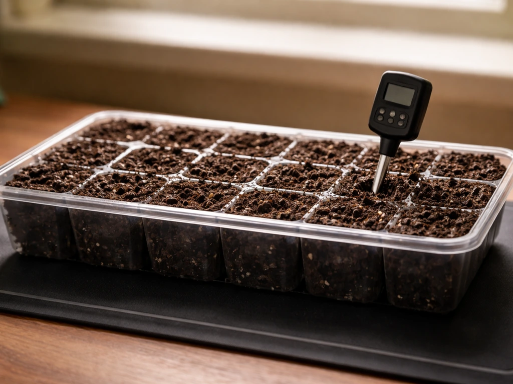 Seed tray on a heat mat with a visible soil temperature probe in warm light.