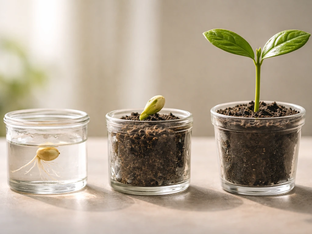 Three-stage pomelo growth in small clear containers: seed in water, sprout emerging, and a young seedling.