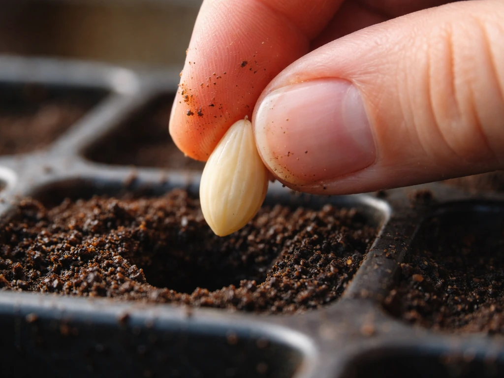 Close-up of a fresh pomelo seed being planted in dark potting soil, ready to sprout.