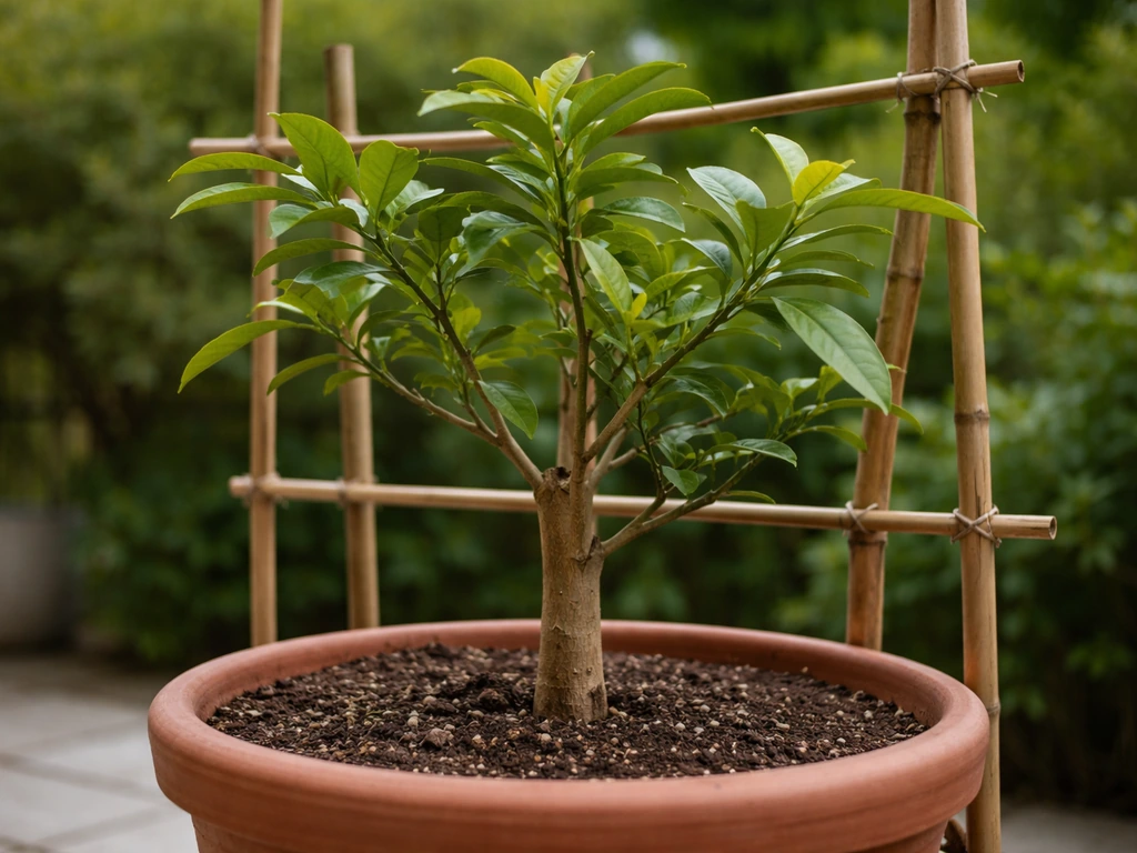 Young pomelo tree in a larger container with a sturdy trunk and branching limbs, natural light