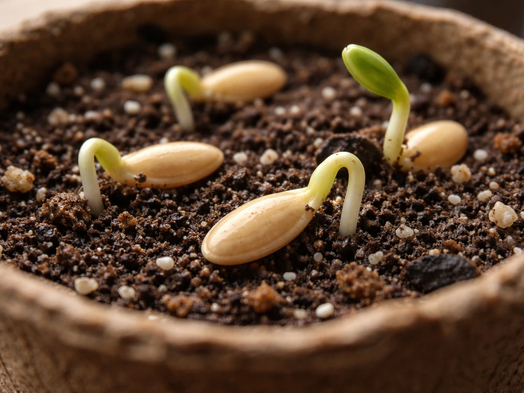 Cantaloupe seeds in seed-starting mix with a few small sprouts emerging in soft natural light.