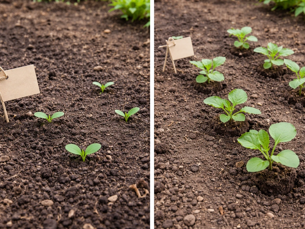 Side-by-side garden beds: direct-sown cantaloupe seedlings vs transplanted seedlings in taller rows.