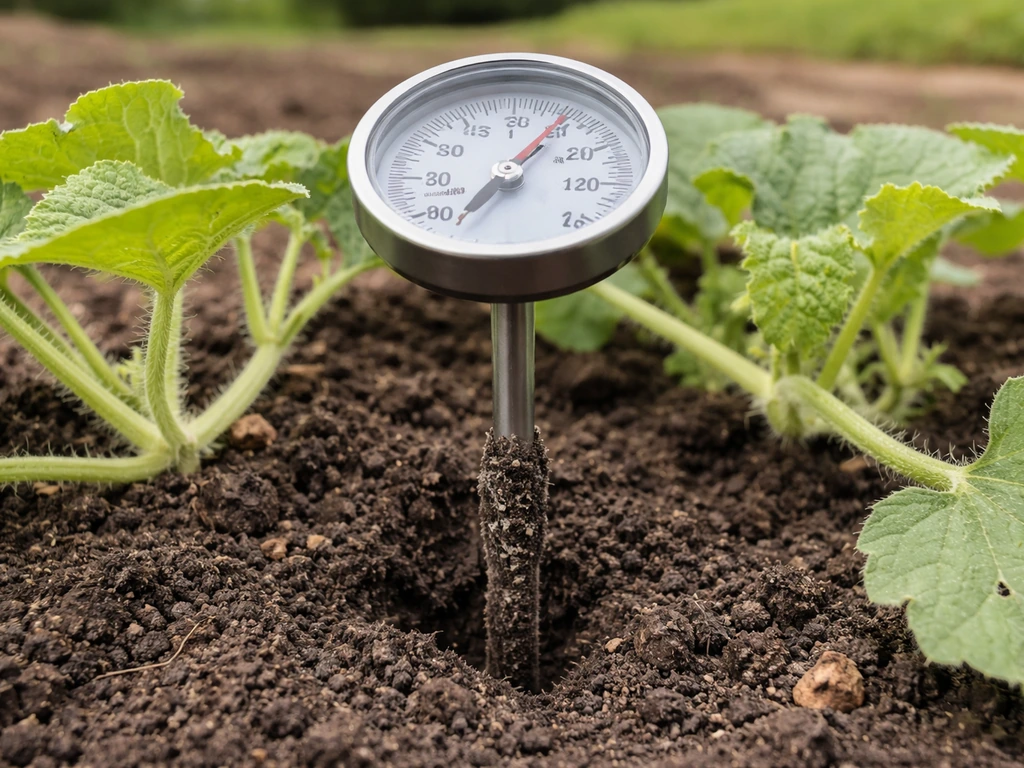 Soil thermometer inserted at planting depth in a melon bed, showing moist soil and nearby leaves.