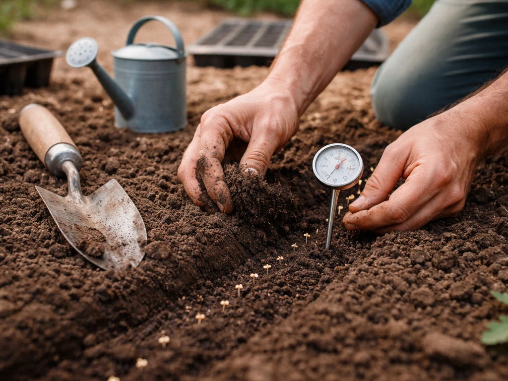 Gardener gently loosening soil and checking moisture near planted seeds with a small thermometer probe