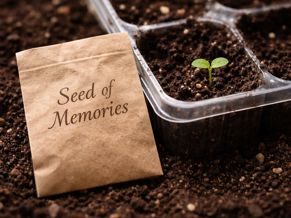Seed packet beside a small tray of moist soil with a tiny emerging sprout.