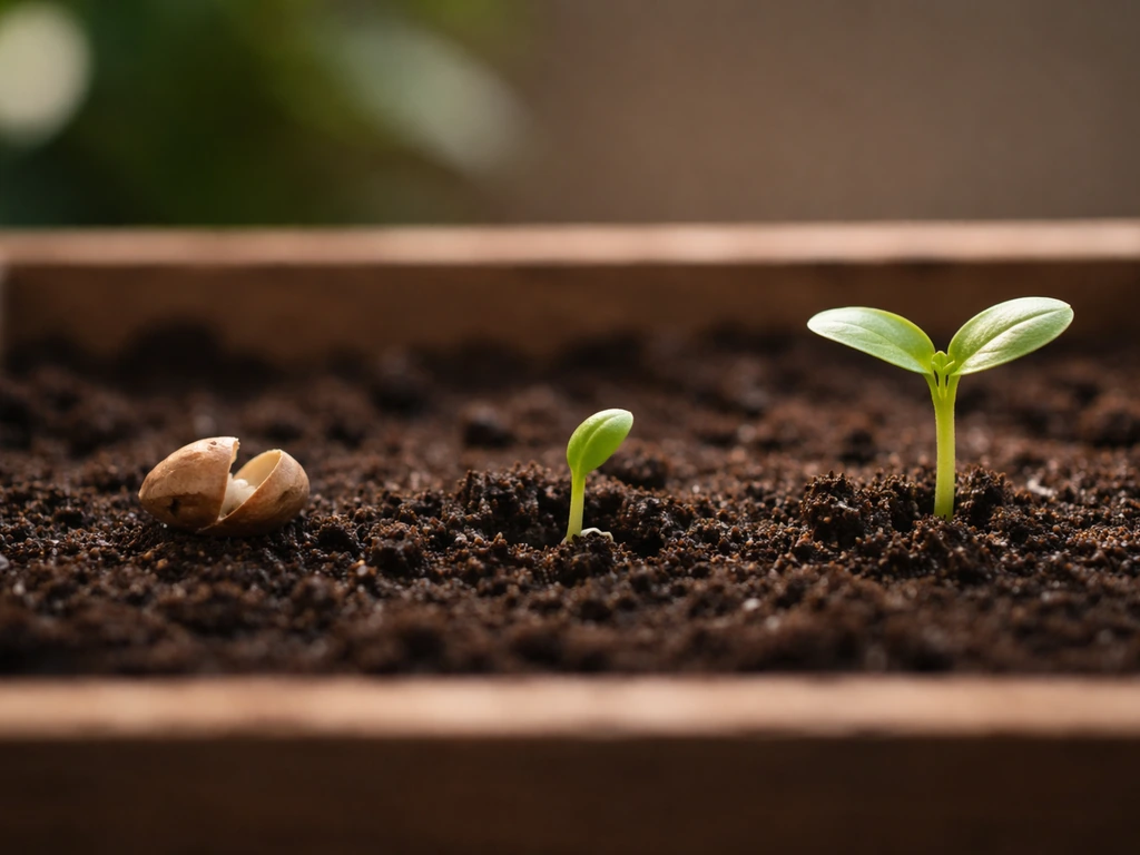Three-step close-up showing a seed splitting, a tiny shoot emerging, and early seedling leaves