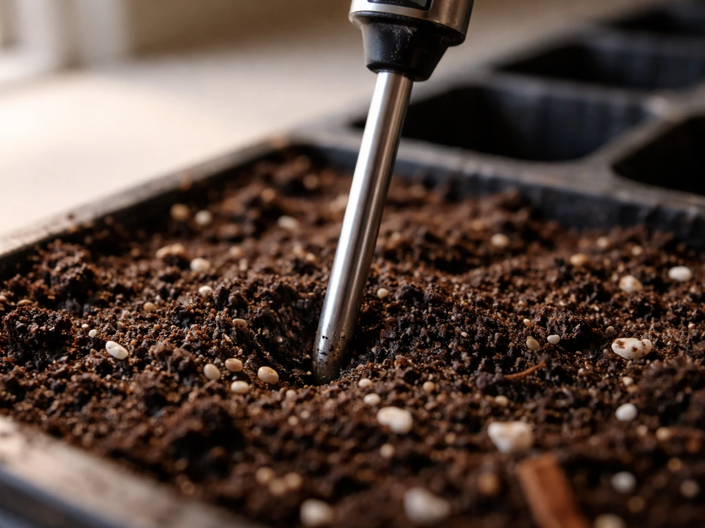 Macro view of a soil thermometer probe inserted in seed-starting soil inside a simple indoor seed tray.