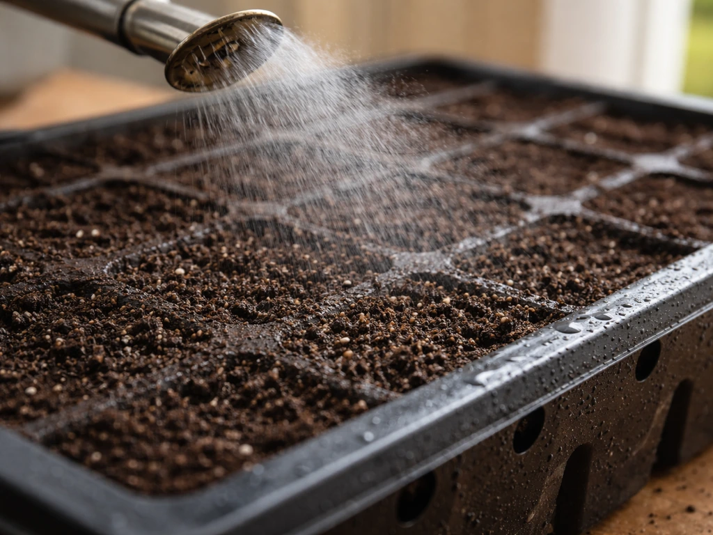 Seed-starting soil tray getting a fine mist of water, evenly moist, drainage holes visible.