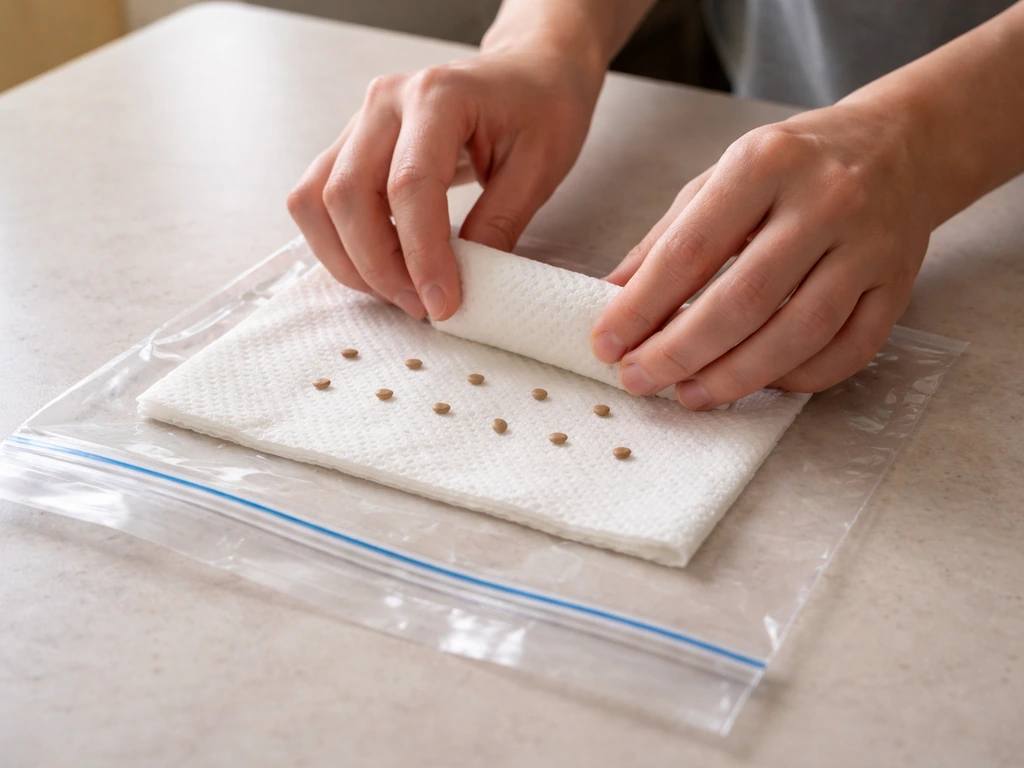 Hands placing seeds on a damp paper towel, folded and inside a clear germination bag.