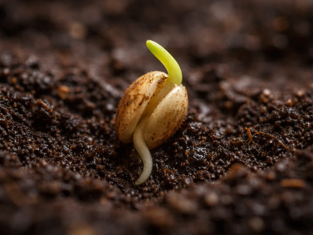 Close-up of a seed sprouting in moist soil, radicle and first shoot emerging.