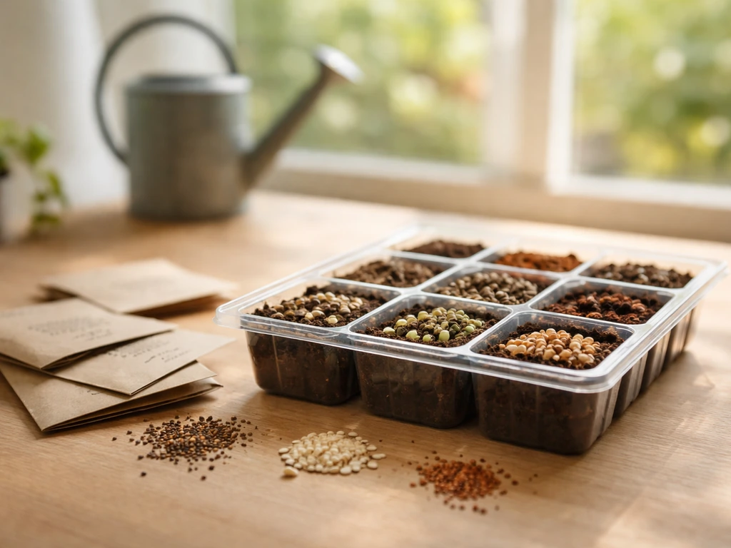Close-up of a seed tray with mixed seeds on a wooden table near a sunny window, no readable text.