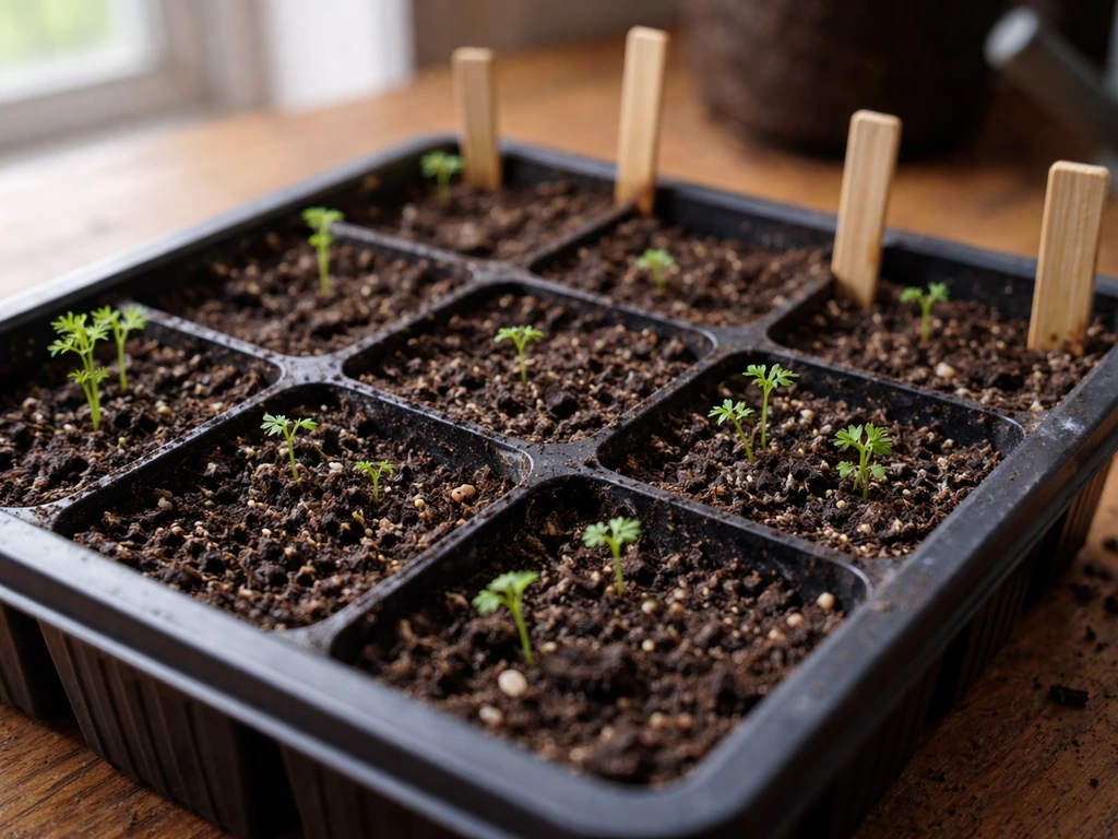 Close-up of sparse parsley seedlings in a seedling tray, with uneven emergence in soft natural light.