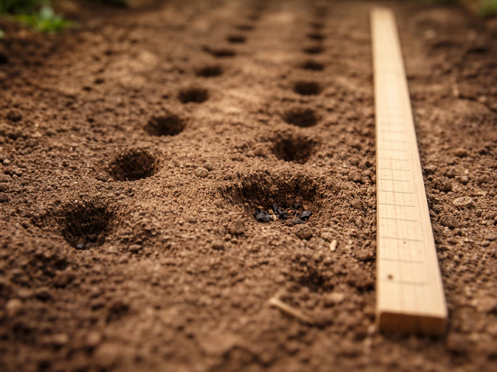 Outdoor close-up of soil and a partially uncovered seed inspection spot beside a ruler.