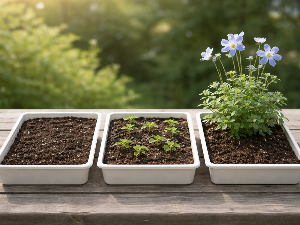 Trays on a table showing columbine seeds, seedlings, and a blooming plant in three stages.