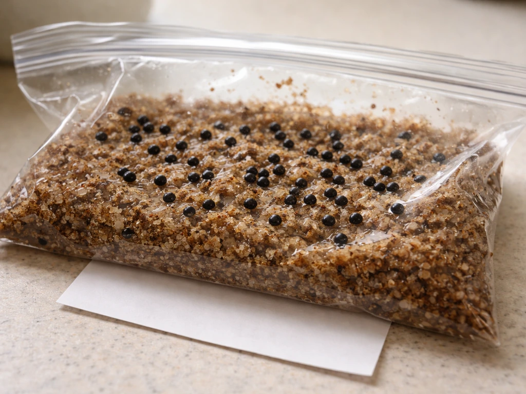 Close-up of columbine seeds in a clear bag with moist medium, showing a cold-moist stratification setup.