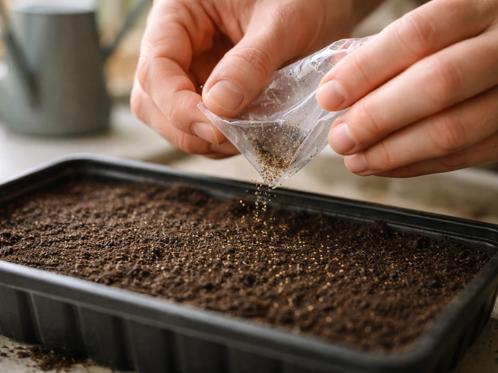 Hands opening a seed stratification bag and scattering small seeds onto soil in a clear seed tray.