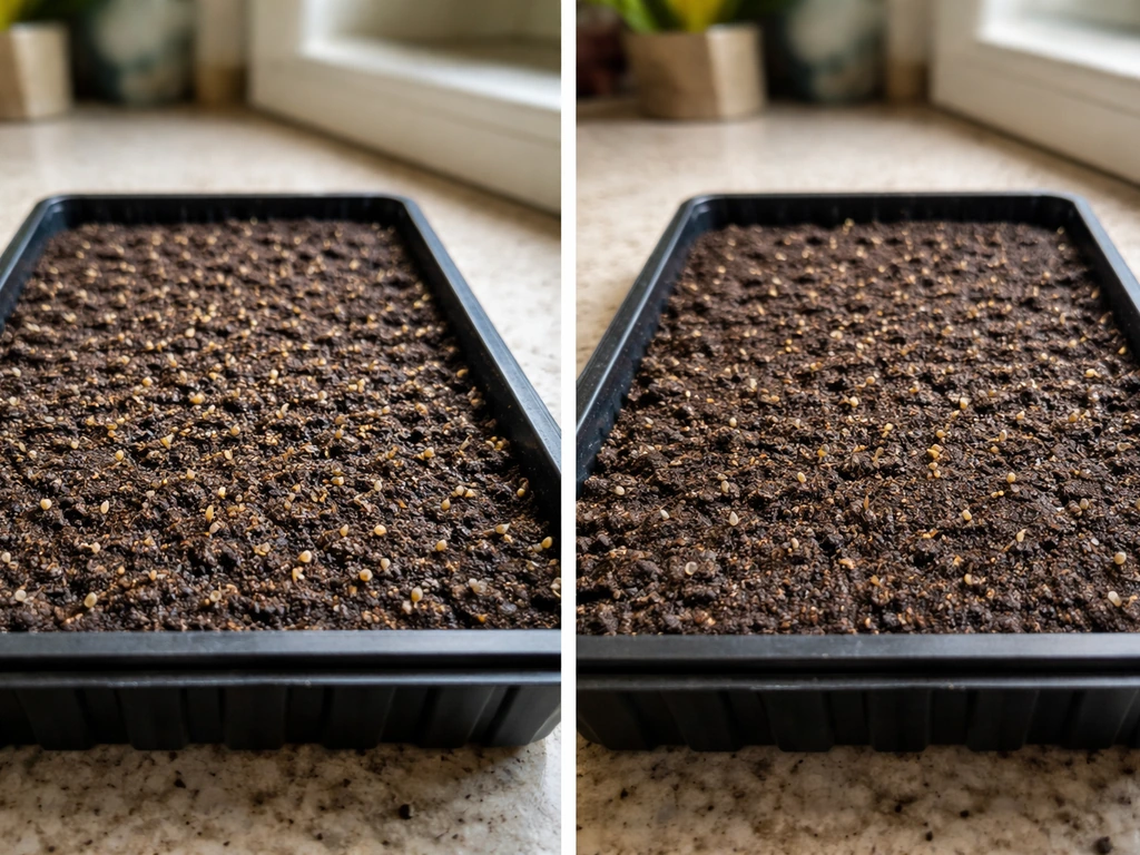 Two simple seed trays side-by-side: one with evenly germinating seeds, the other with sparse, failed germination.