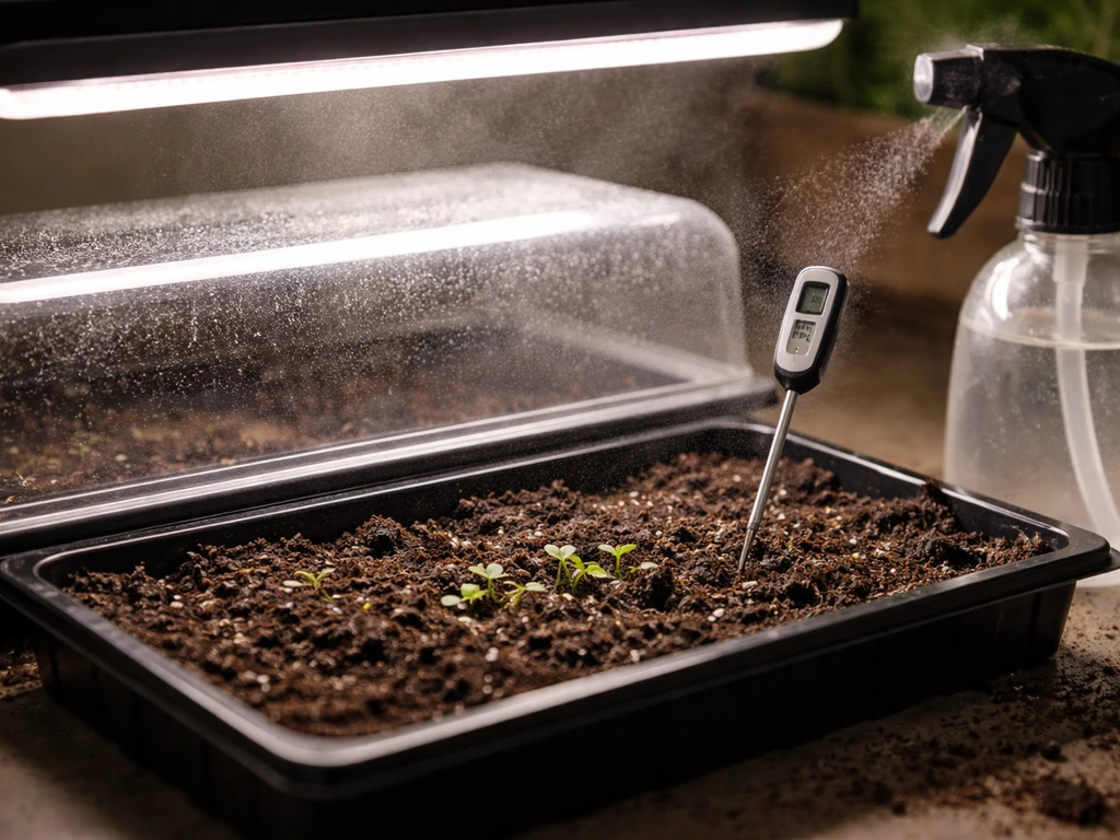 Close-up of mint seed tray under a grow light with soil thermometer and mist bottle in a simple setup.