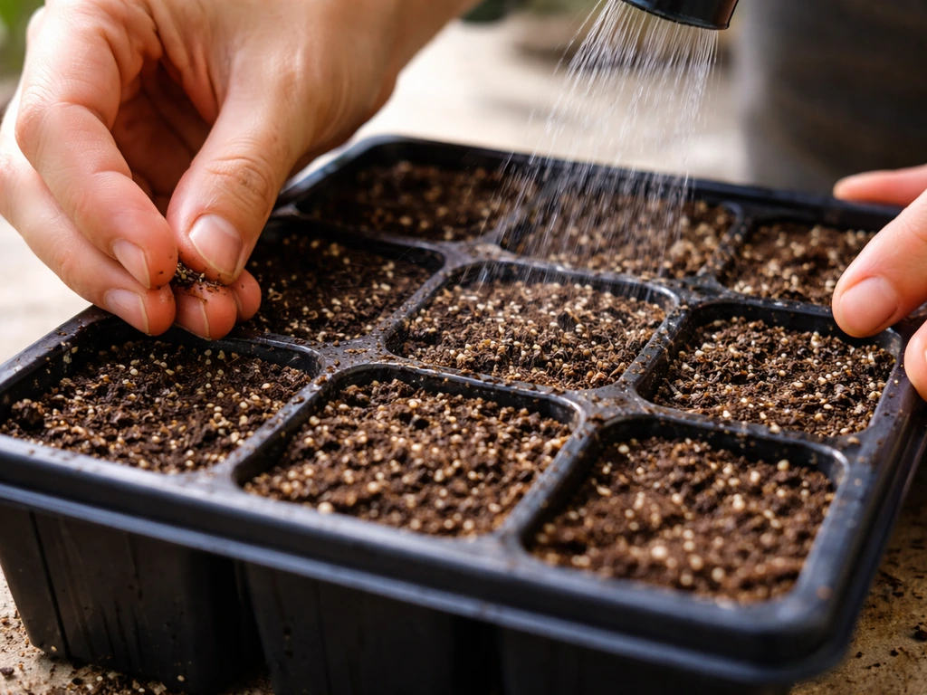 Close-up of mint seeds pressed into seed-starting mix in a tray, misting lightly from above.