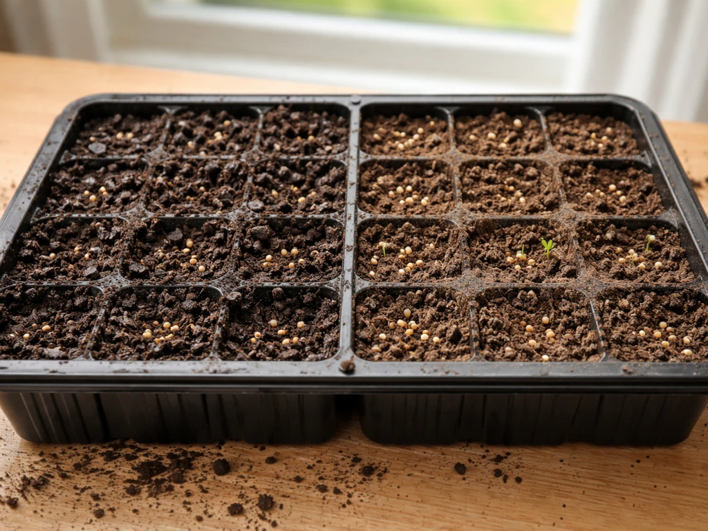 Close-up of a seed tray showing uneven damp soil and different visible seed coverage levels
