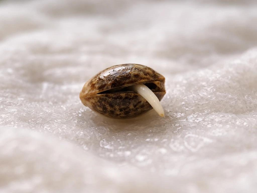 Close-up of a germinating cannabis seed with a tiny white taproot emerging on a moist paper towel.