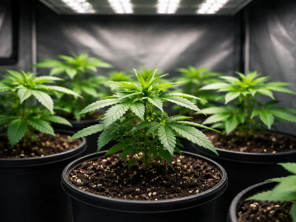 Autoflower seedlings in a small grow tent during vegetative growth under steady grow lights