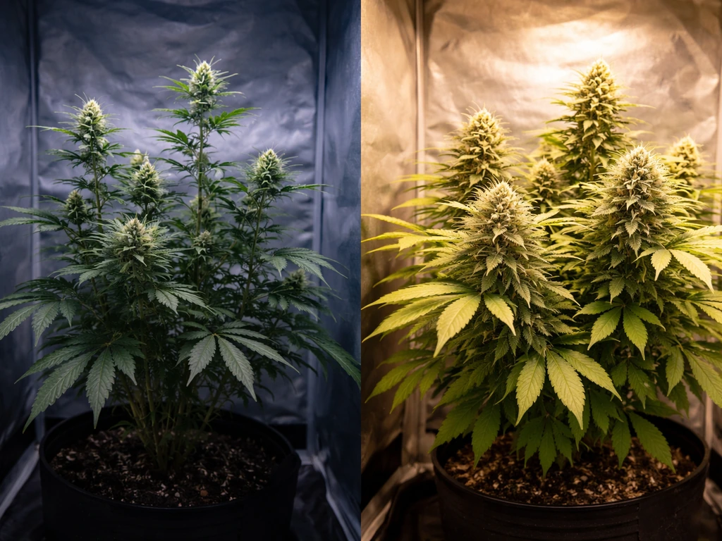 Two cannabis plants side-by-side in flowering: one on 12/12-like dark cycle, one autoflower in bloom