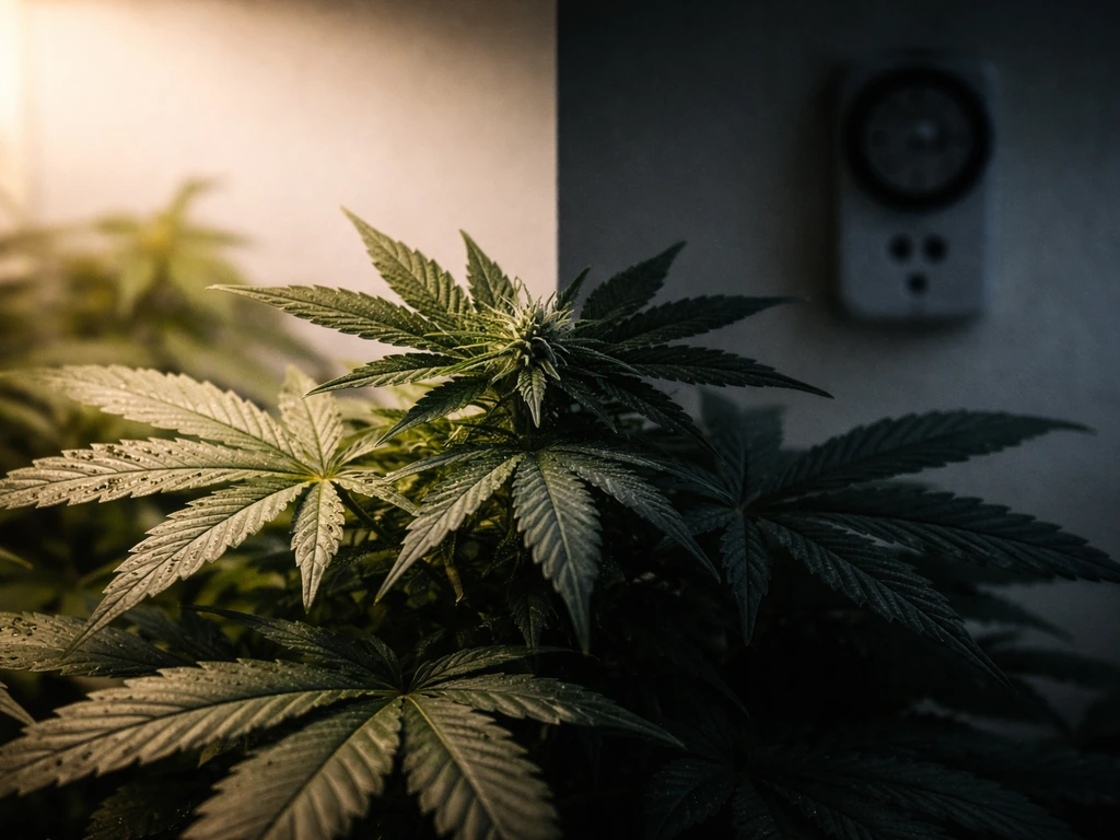 Indoor photoperiod plant canopy split between bright light and dim shadow to suggest a light schedule change.