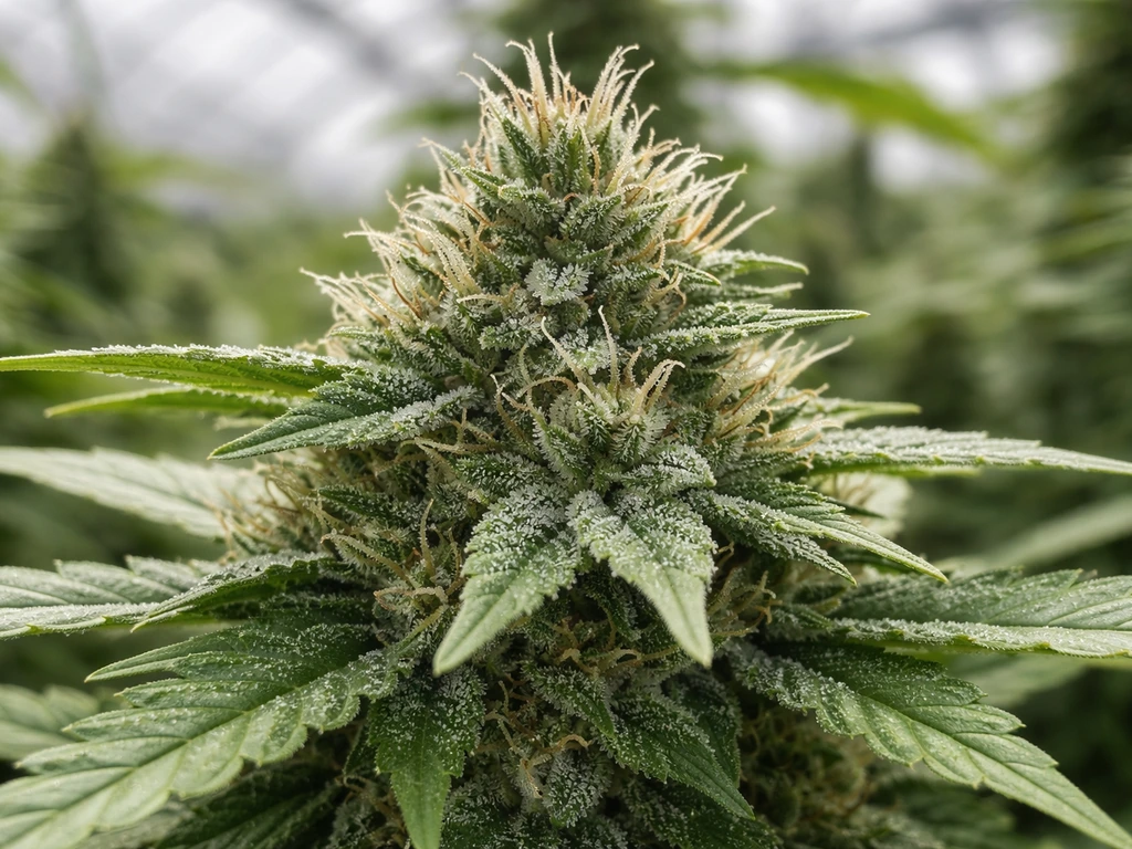 Macro close-up of dense late-flower cannabis buds with white pistils and trichome sparkle near harvest.