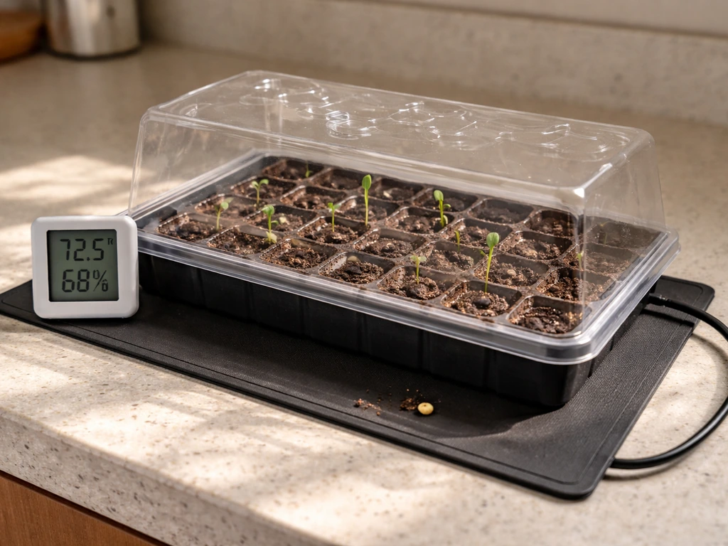 Minimal seed germination setup with a tray, heat mat, and thermometer/hygrometer beside it.