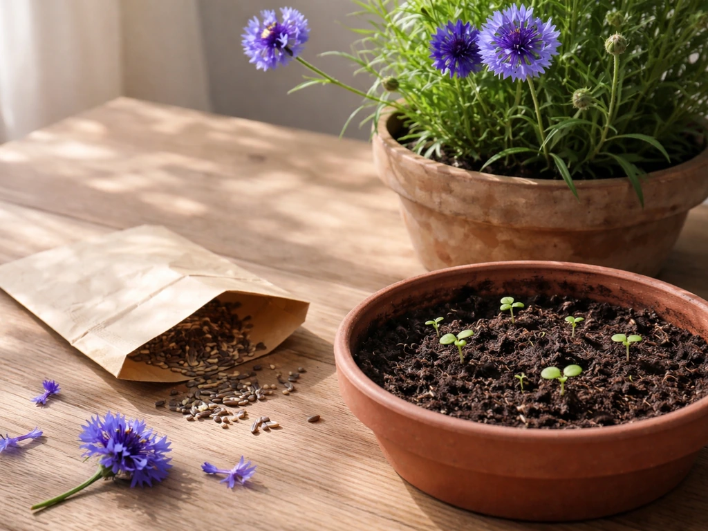 Cornflower seeds, emerging seedlings in soil, and a blooming cornflower plant on a small garden table.