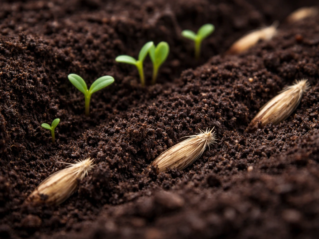 Cornflower seeds being sown into soil with tiny first seedlings emerging near the surface.