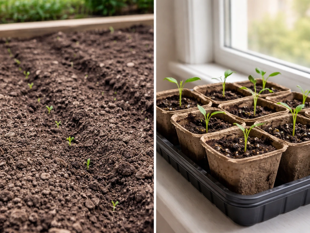 Split image showing direct-sown cornflower seeds in outdoor soil and indoors seedlings in small pots