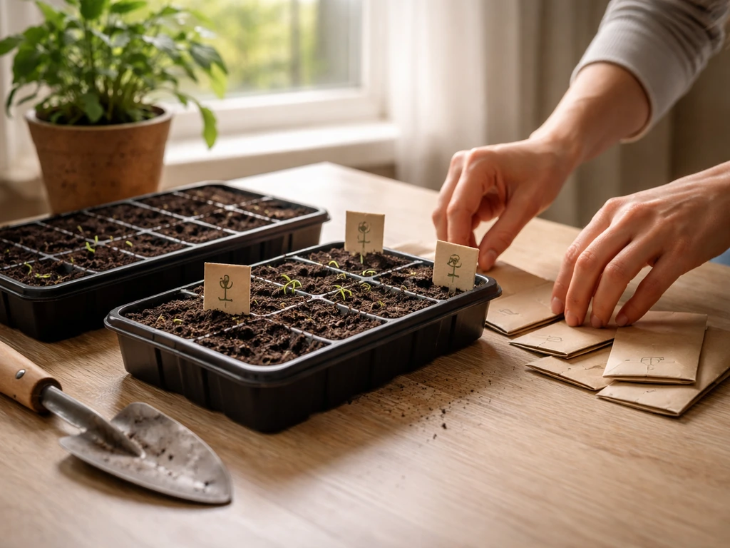 Hands placing seed packets into small indoor seed tray by a window with a simple seasonal planting calendar vibe.
