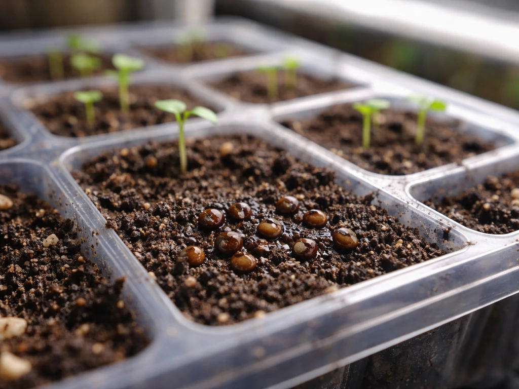 Close-up of viola seeds and tiny emerging sprouts in a starter tray under grow lights