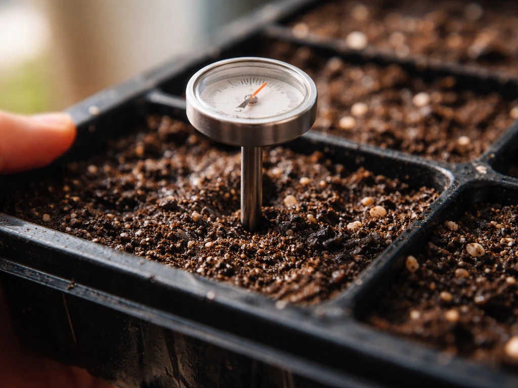 Close-up of a soil thermometer in seed-starting mix with soil at the ideal germination temperature range.