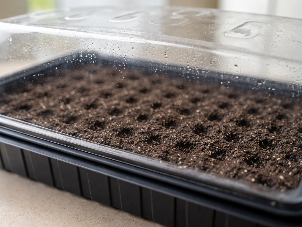 Seed-starting tray under a clear humidity dome with evenly moist soil and condensation.