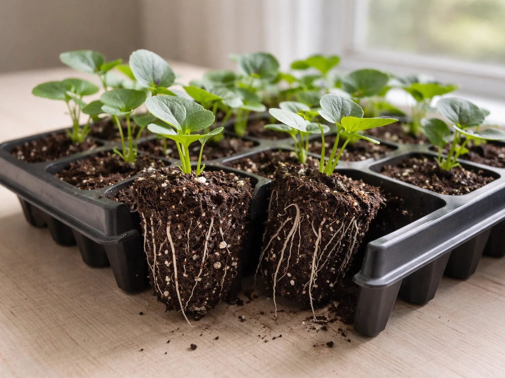 Indoor viola seedlings in small cells with visible roots, ready to be transplanted