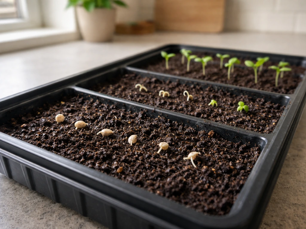 Seedling tray showing swollen seeds, tiny sprout radicles, and first true leaves in moist soil.