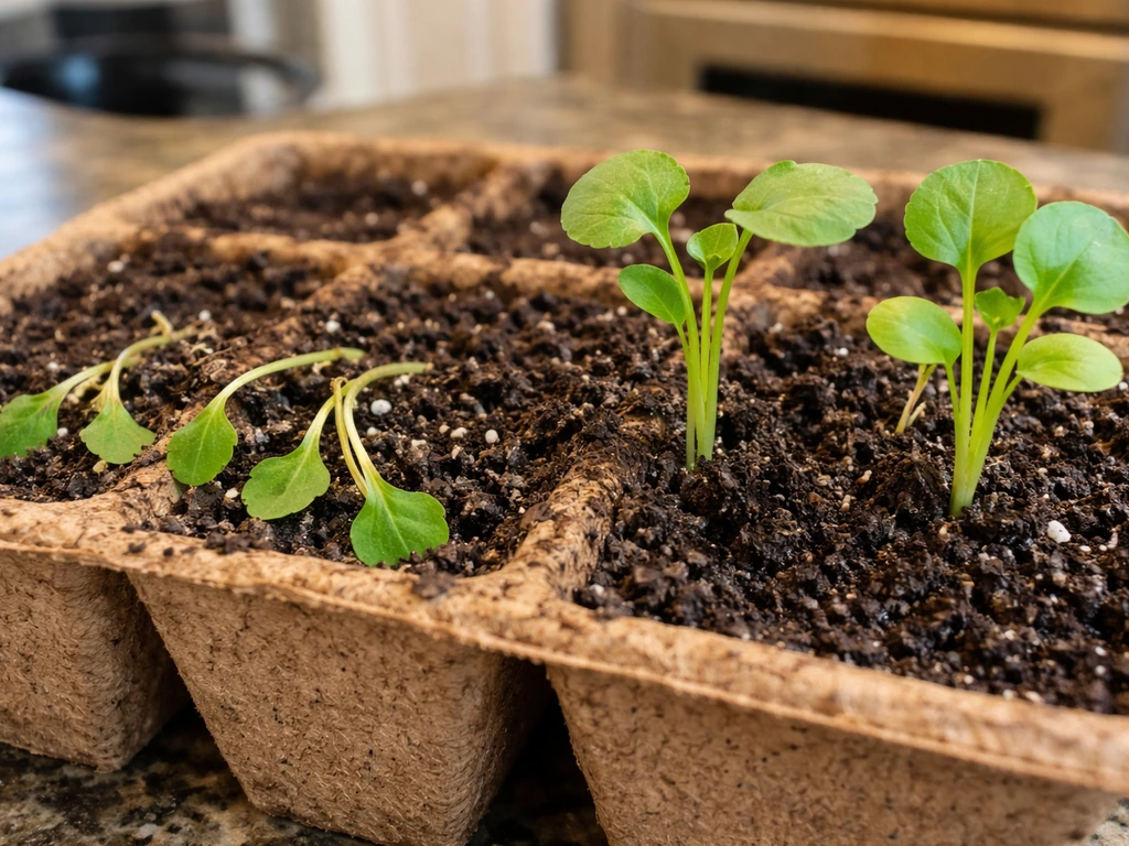 Seedling tray showing damping-off seedlings collapsed at the soil line next to healthy upright seedlings.
