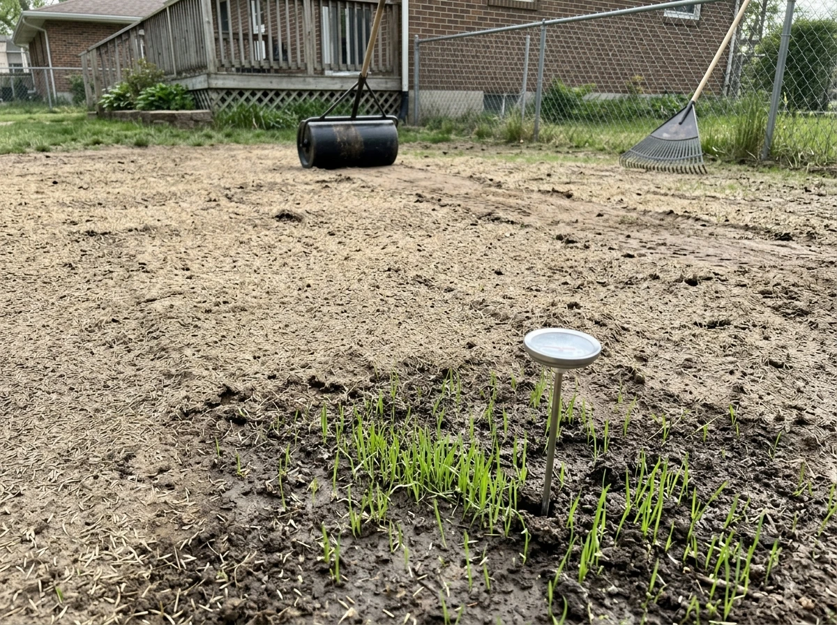 Fresh fescue seedbed with early green sprouts and soil thermometer for germination timing