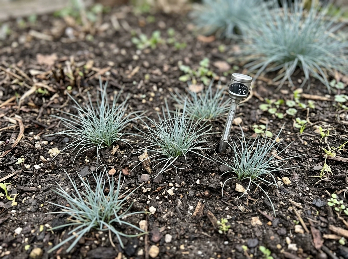 Blue fescue clumps in early growth stage with soil temperature probe